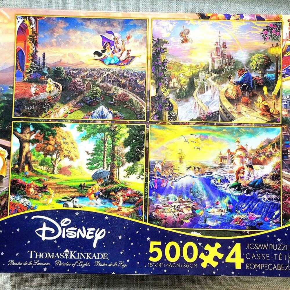 Disney Thomas Kinkade 4 Puzzles of Pooh Mermaid Beauty Beast Aladdin New